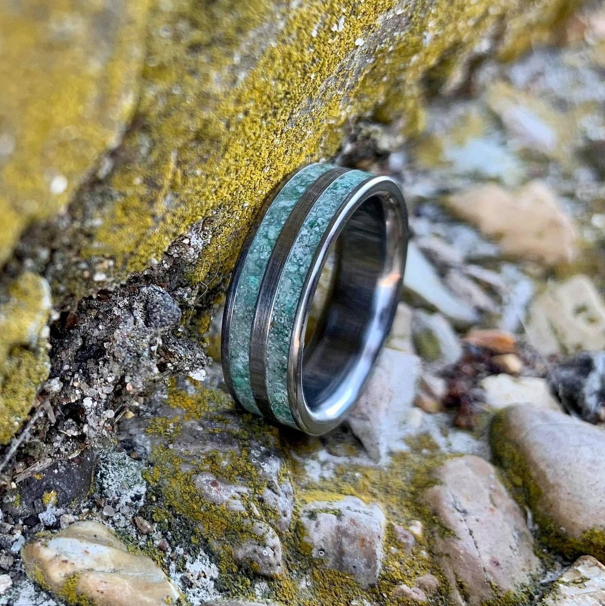 Moss Agate Ring - Men's Titanium Wedding Band - Custom Made, Engraved