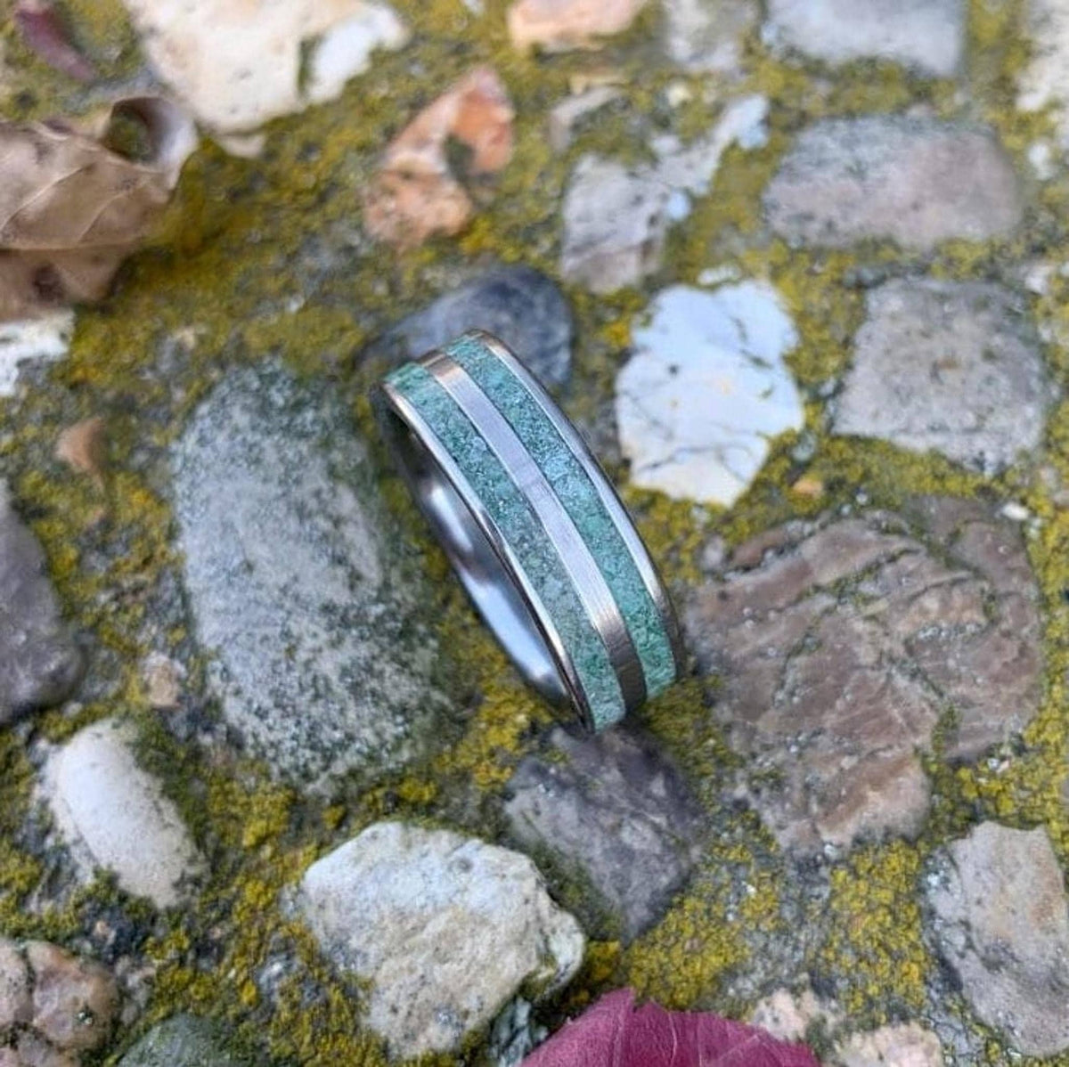 Moss Agate Ring - Men's Titanium Wedding Band - Custom Made, Engraved