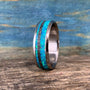 Mens Meteorite Ring with Blue Lab Opal Inlay, Custom Titanium Wedding Band - Engraved