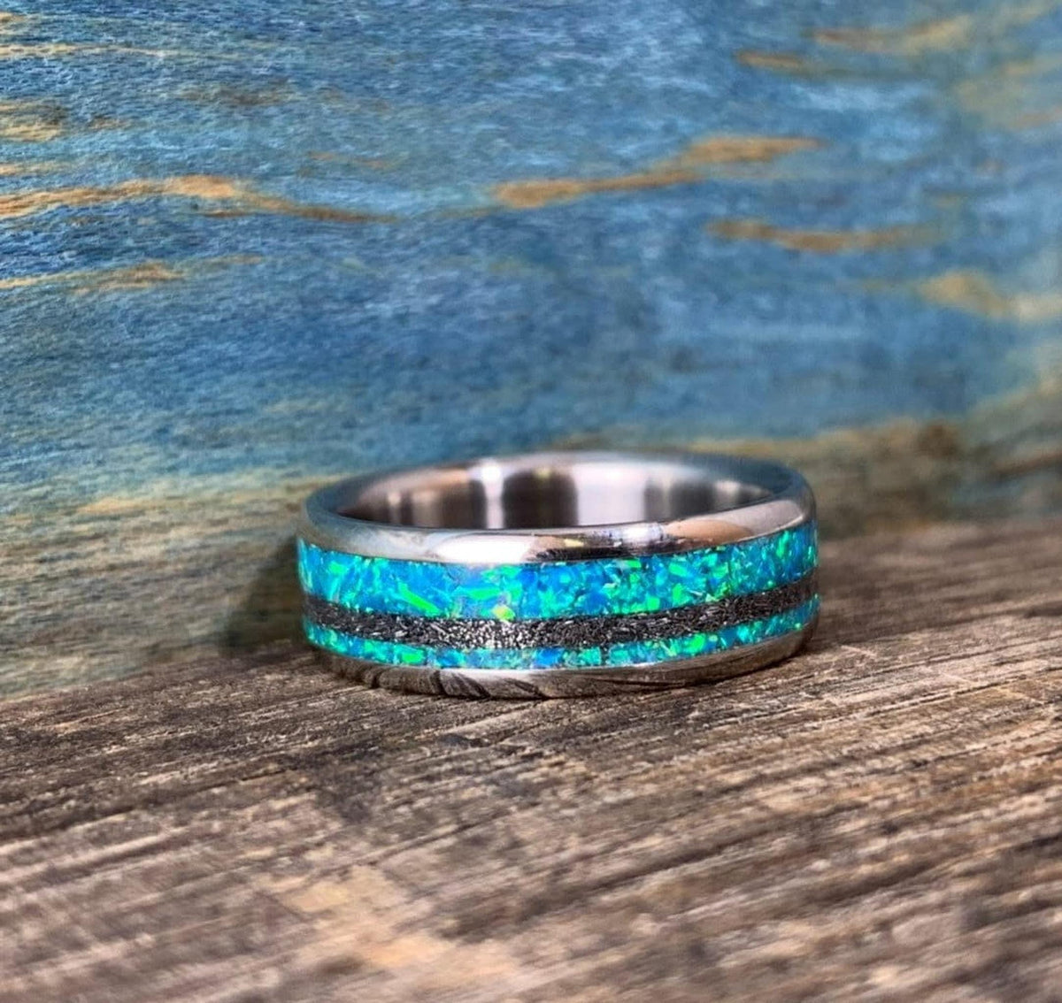 Mens Meteorite Ring with Blue Lab Opal Inlay, Custom Titanium Wedding Band - Engraved