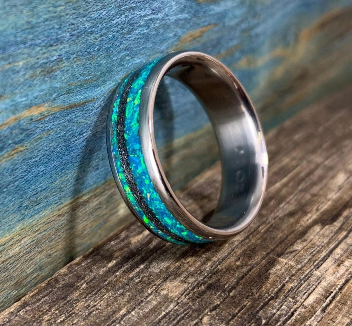 Mens Meteorite Ring with Blue Lab Opal Inlay, Custom Titanium Wedding Band - Engraved