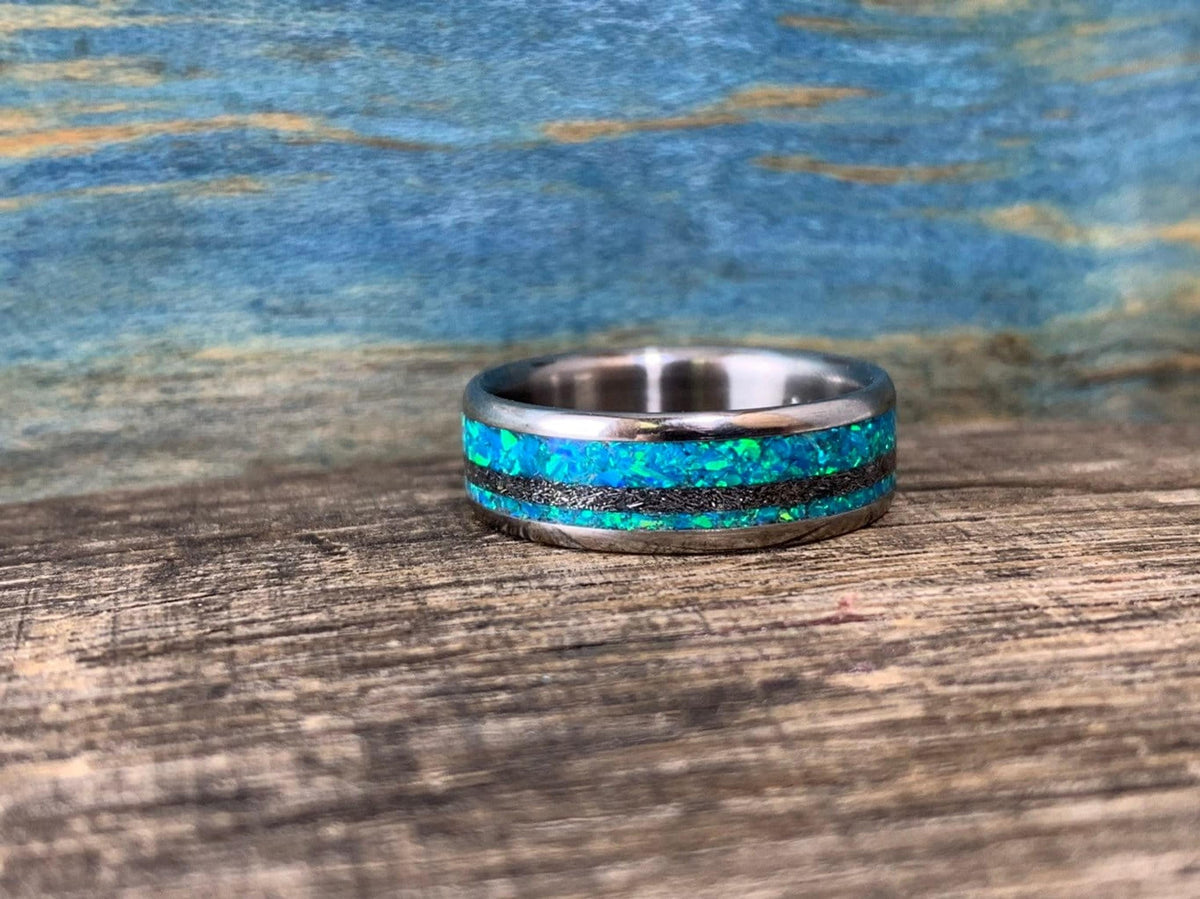 Mens Meteorite Ring with Blue Lab Opal Inlay, Custom Titanium Wedding Band - Engraved