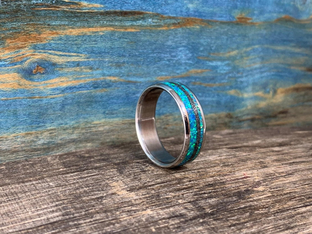 Mens Meteorite Ring with Blue Lab Opal Inlay, Custom Titanium Wedding Band - Engraved