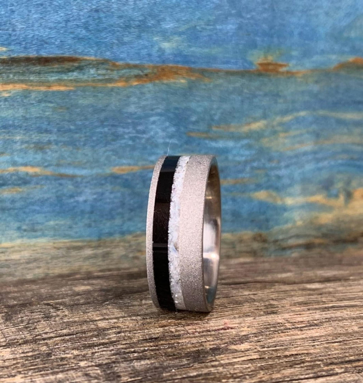 Mens Wedding Band - Sandblasted Titanium Ring with Ebony Wood and Pearl Inlay - Engraved