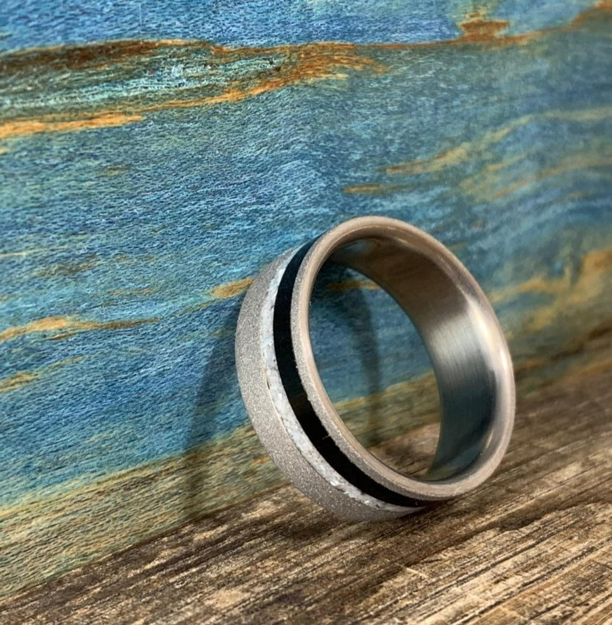 Mens Wedding Band - Sandblasted Titanium Ring with Ebony Wood and Pearl Inlay - Engraved
