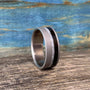 Mens Wedding Band - Sandblasted Titanium Ring with Ebony Wood and Pearl Inlay - Engraved