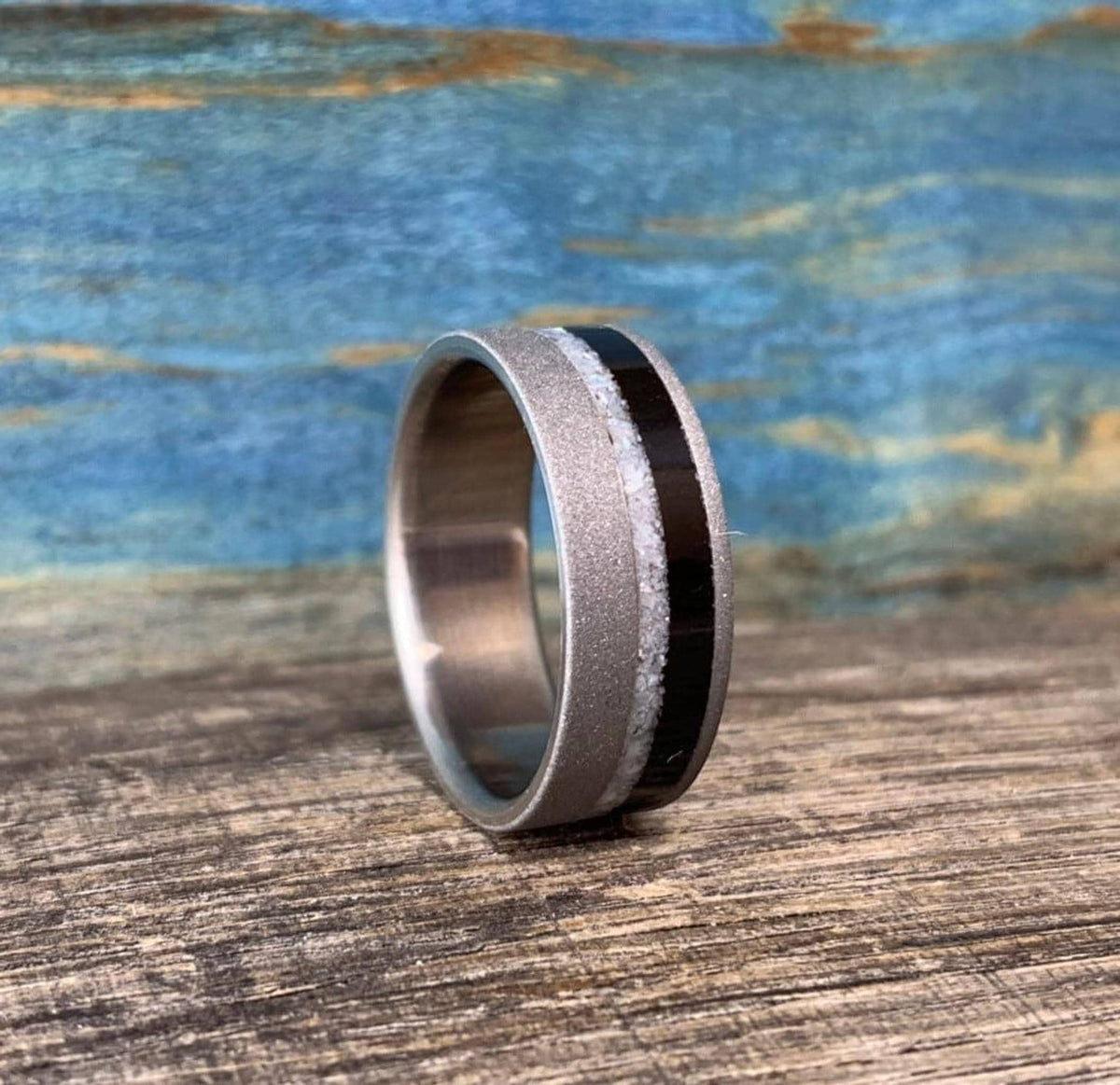 Mens Wedding Band - Sandblasted Titanium Ring with Ebony Wood and Pearl Inlay - Engraved