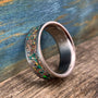 Mens Titanium Ring with Dinosaur Bone, Malachite and Opal Inlay, Meteorite Band