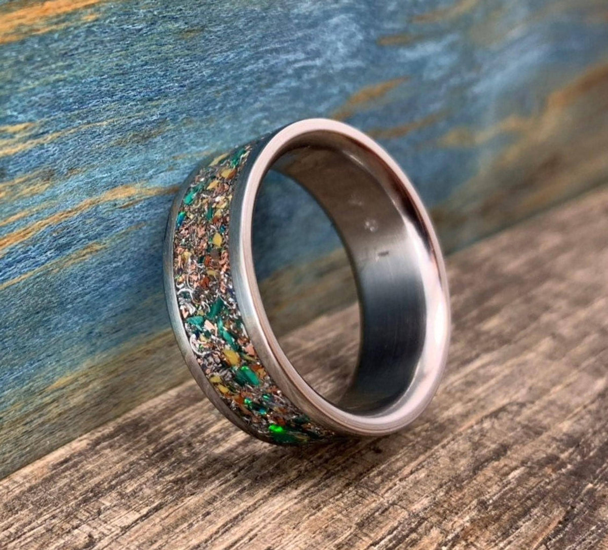 Mens Titanium Ring with Dinosaur Bone, Malachite and Opal Inlay, Meteorite Band