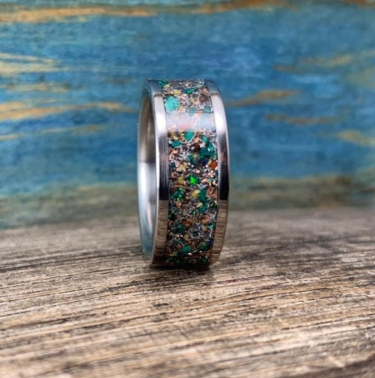 Mens Titanium Ring with Dinosaur Bone, Malachite and Opal Inlay, Meteorite Band