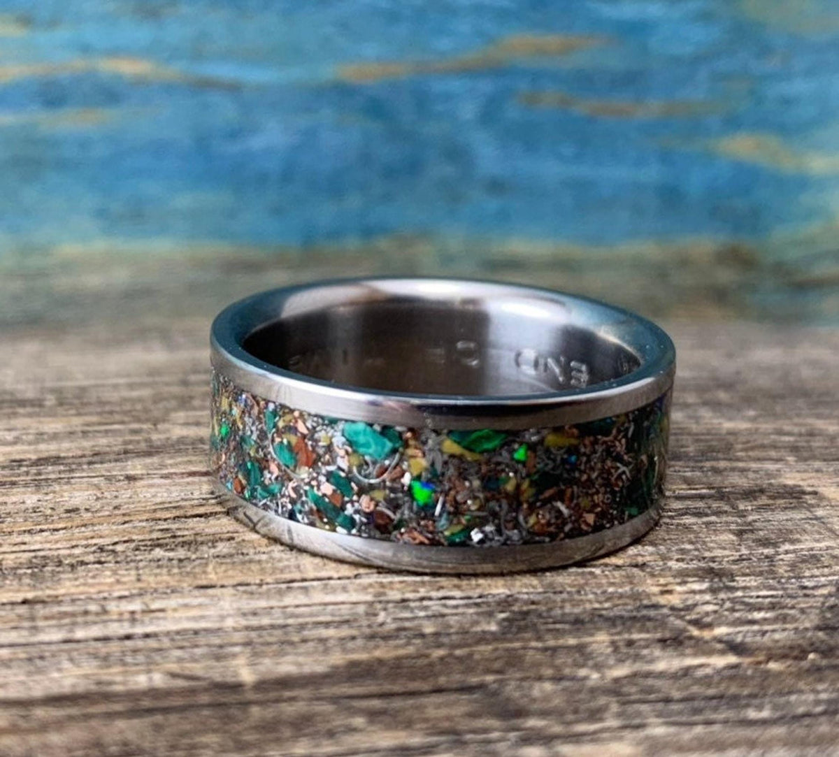 Mens Titanium Ring with Dinosaur Bone, Malachite and Opal Inlay, Meteorite Band