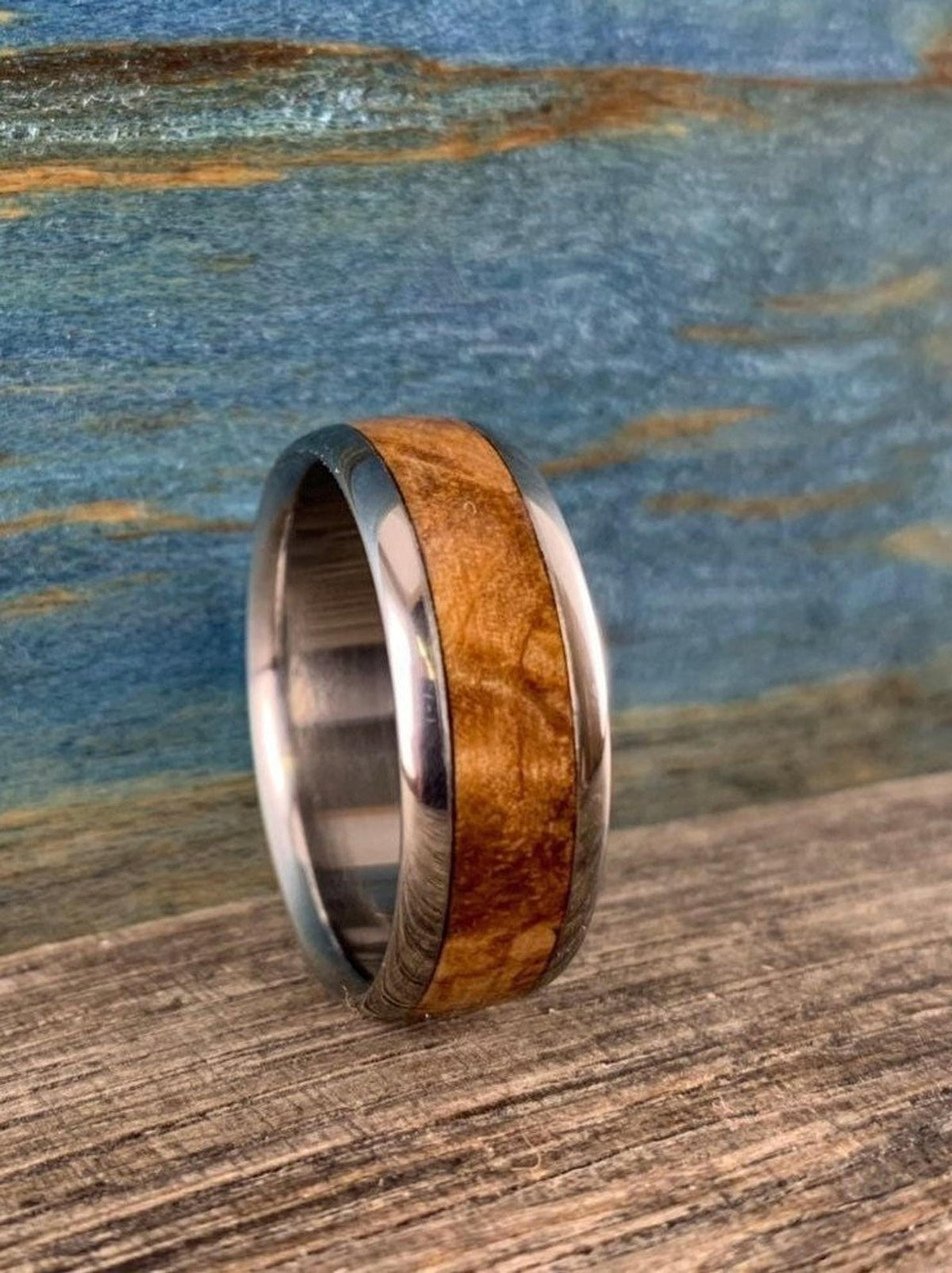 Mens Wedding Band -Titanium with Black Ash Burl Inlay - Custom Made Ring