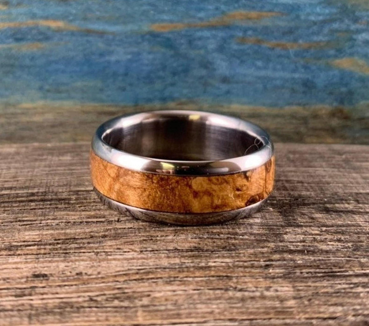 Mens Wedding Band -Titanium with Black Ash Burl Inlay - Custom Made Ring