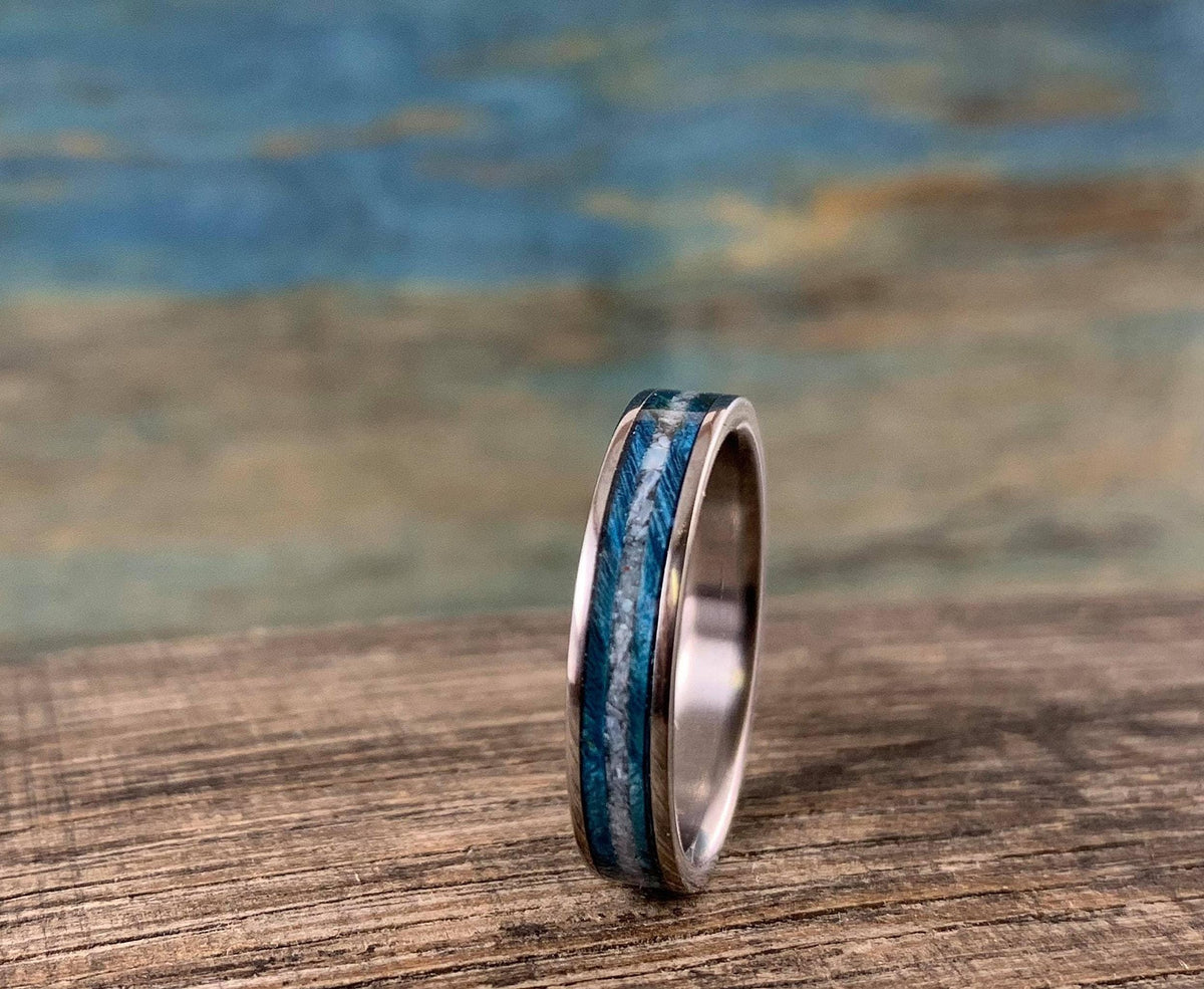 Pearl Wedding Band with Blue Wood Inlay - Women's Titanium Ring - Custom Engraved