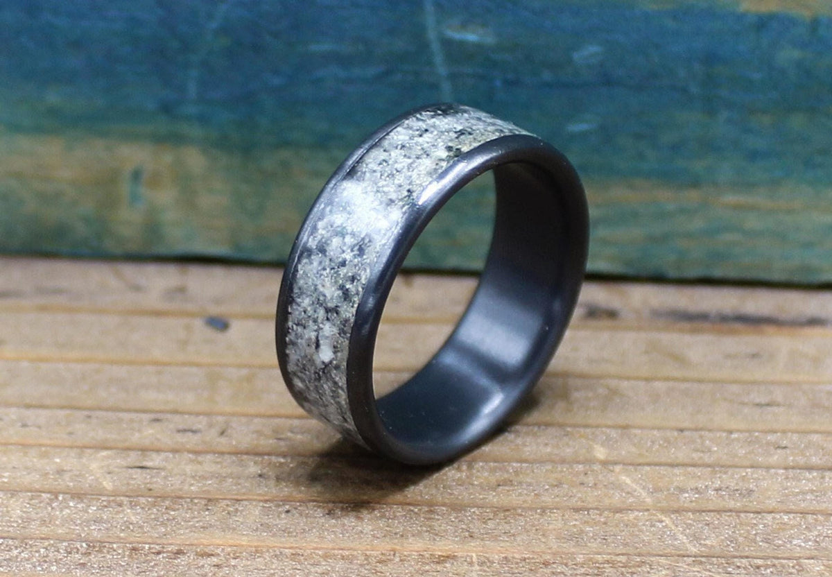 Black Titanium Ring for Him - Custom Granite Wedding Band - Engraved