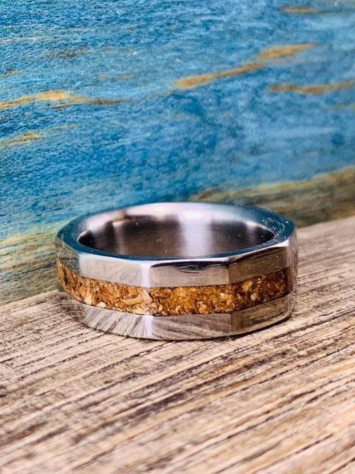Dinosaur Bone Ring - Titanium Wedding Band with T-Rex Fossil Inlay - Engraved
