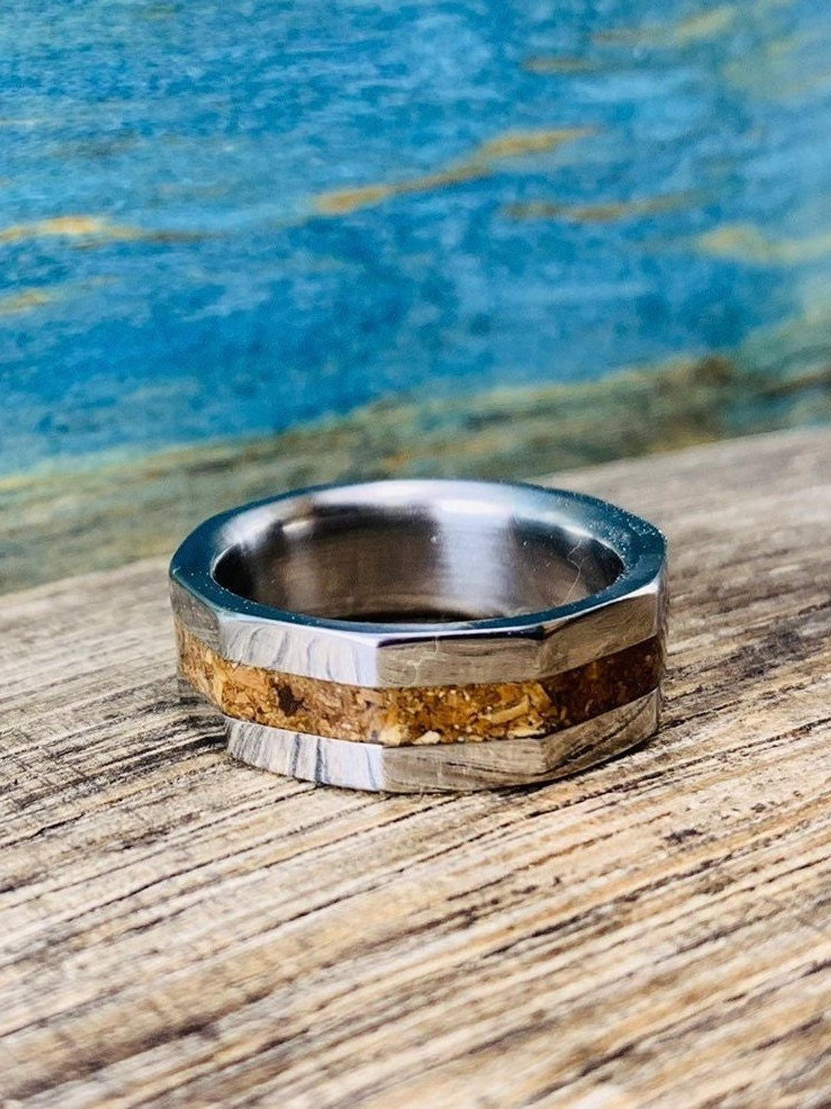Dinosaur Bone Ring - Titanium Wedding Band with T-Rex Fossil Inlay - Engraved