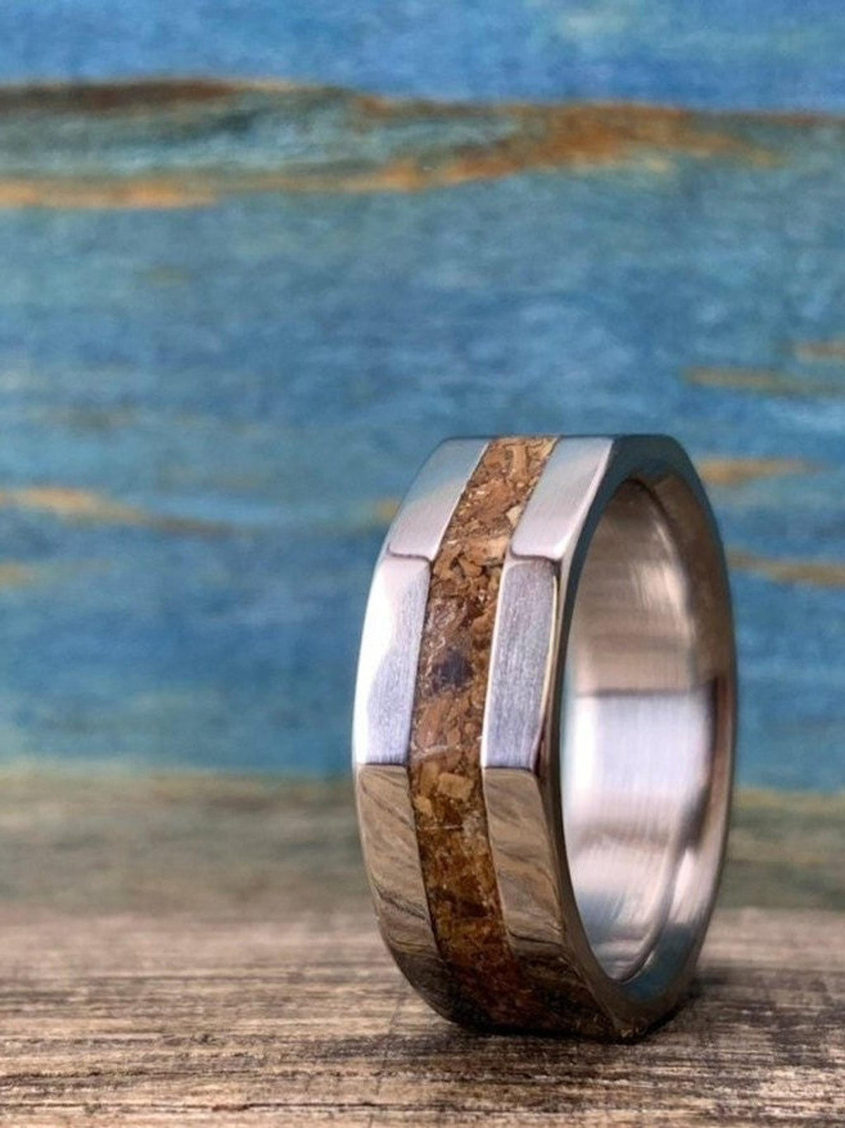 Dinosaur Bone Ring - Titanium Wedding Band with T-Rex Fossil Inlay - Engraved