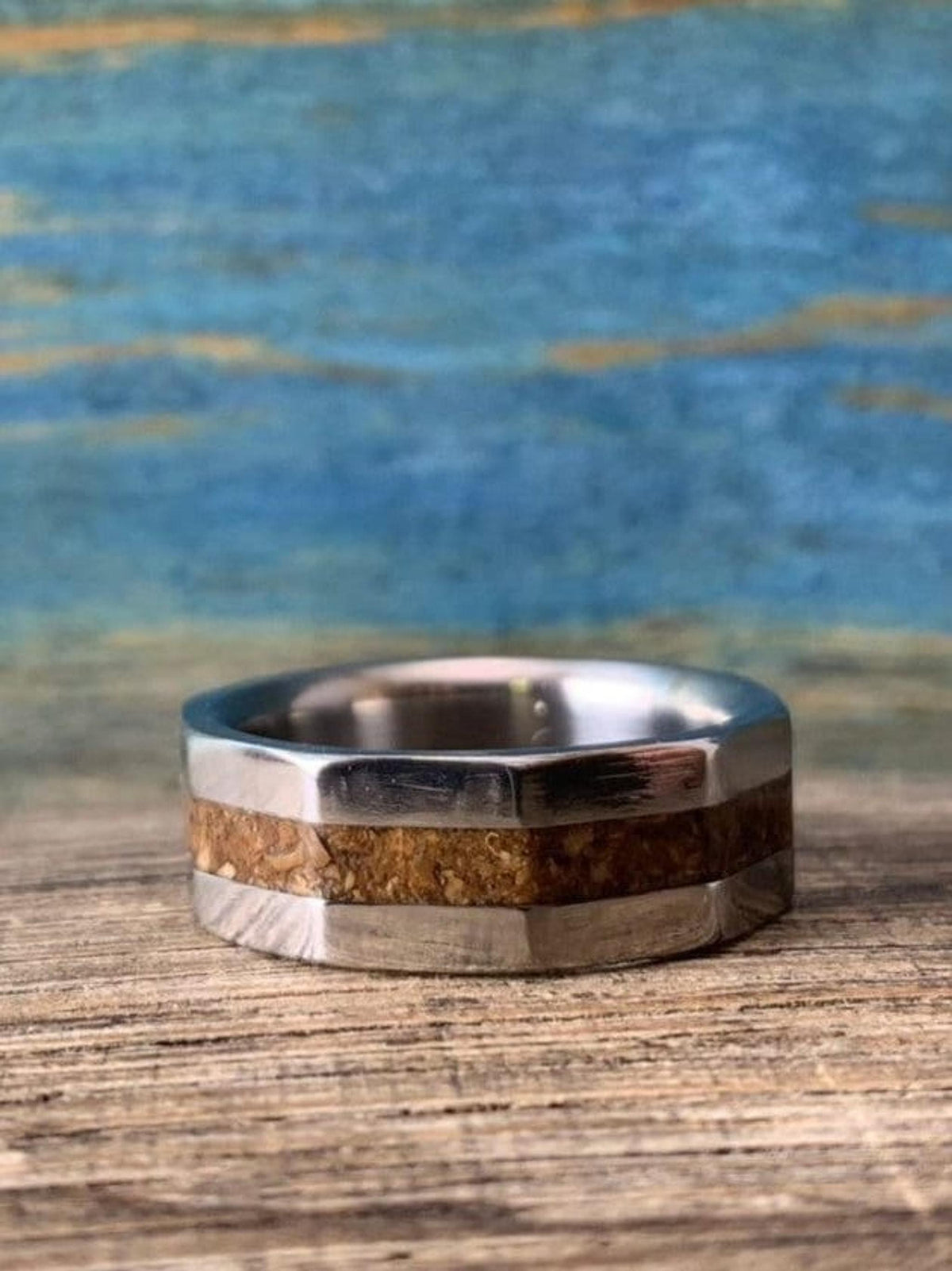 Dinosaur Bone Ring - Titanium Wedding Band with T-Rex Fossil Inlay - Engraved