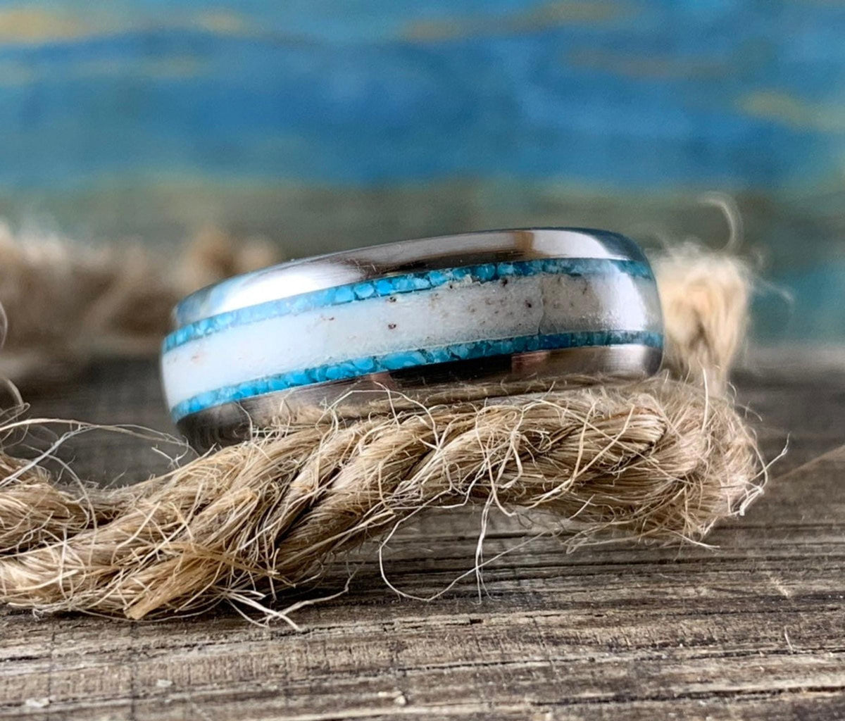 Deer Antler Ring with Turquoise Inlay - Men's Titanium Wedding Band