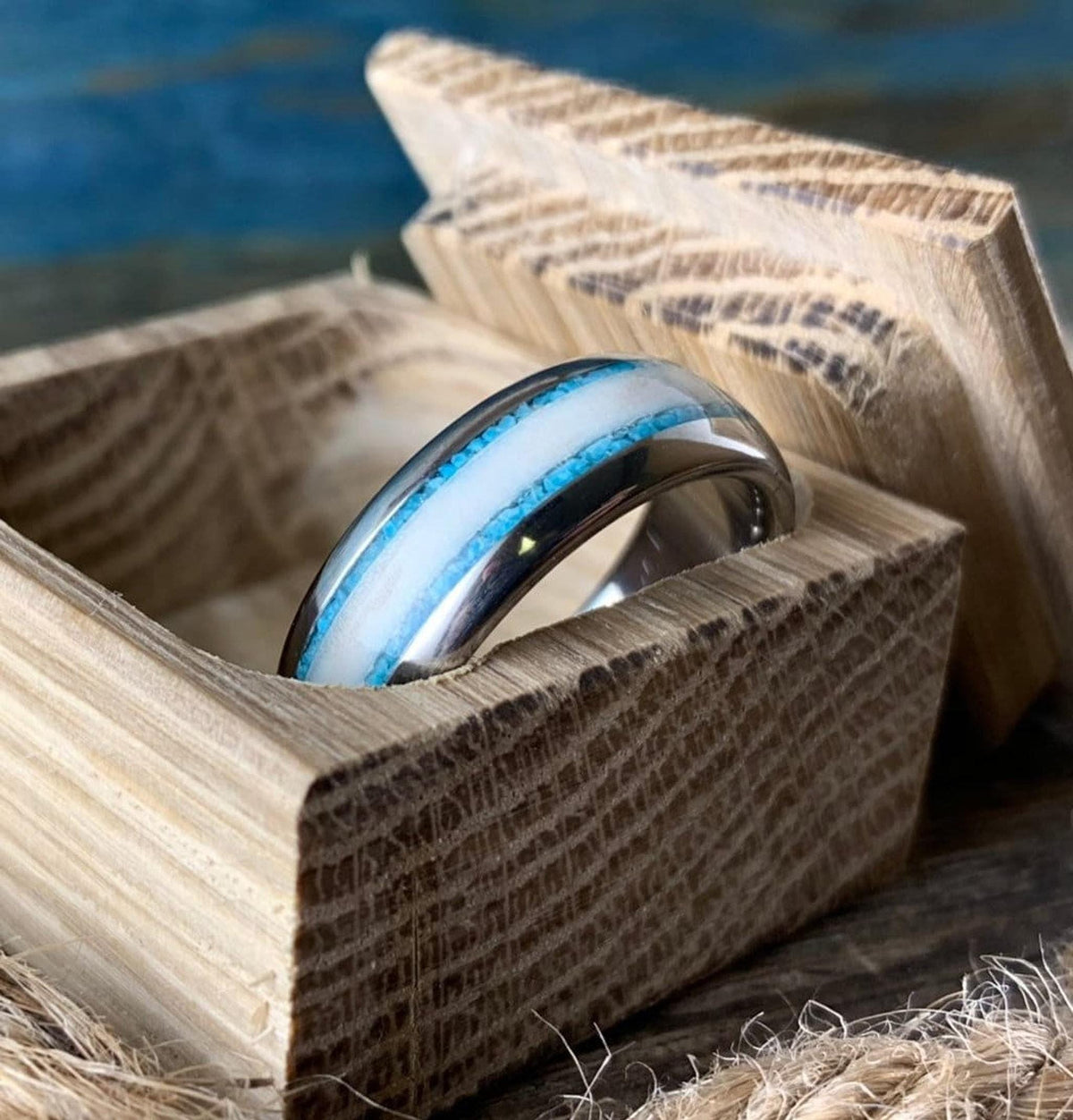 Deer Antler Ring with Turquoise Inlay - Men's Titanium Wedding Band