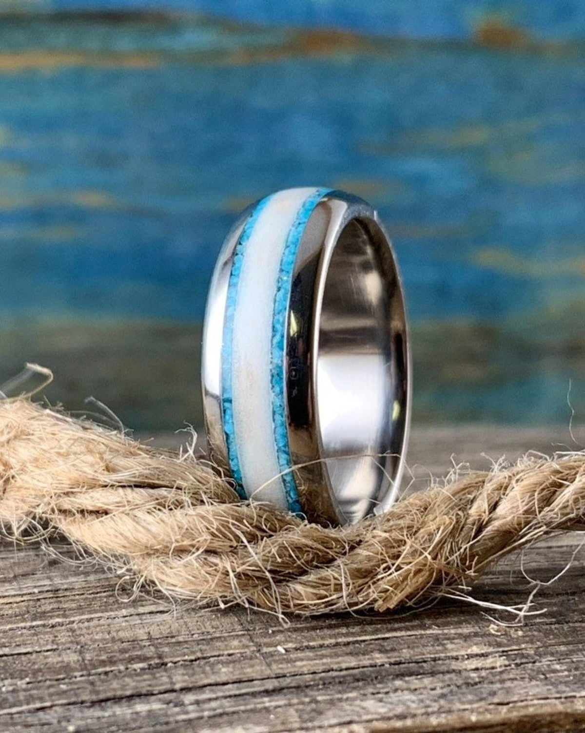 Deer Antler Ring with Turquoise Inlay - Men's Titanium Wedding Band