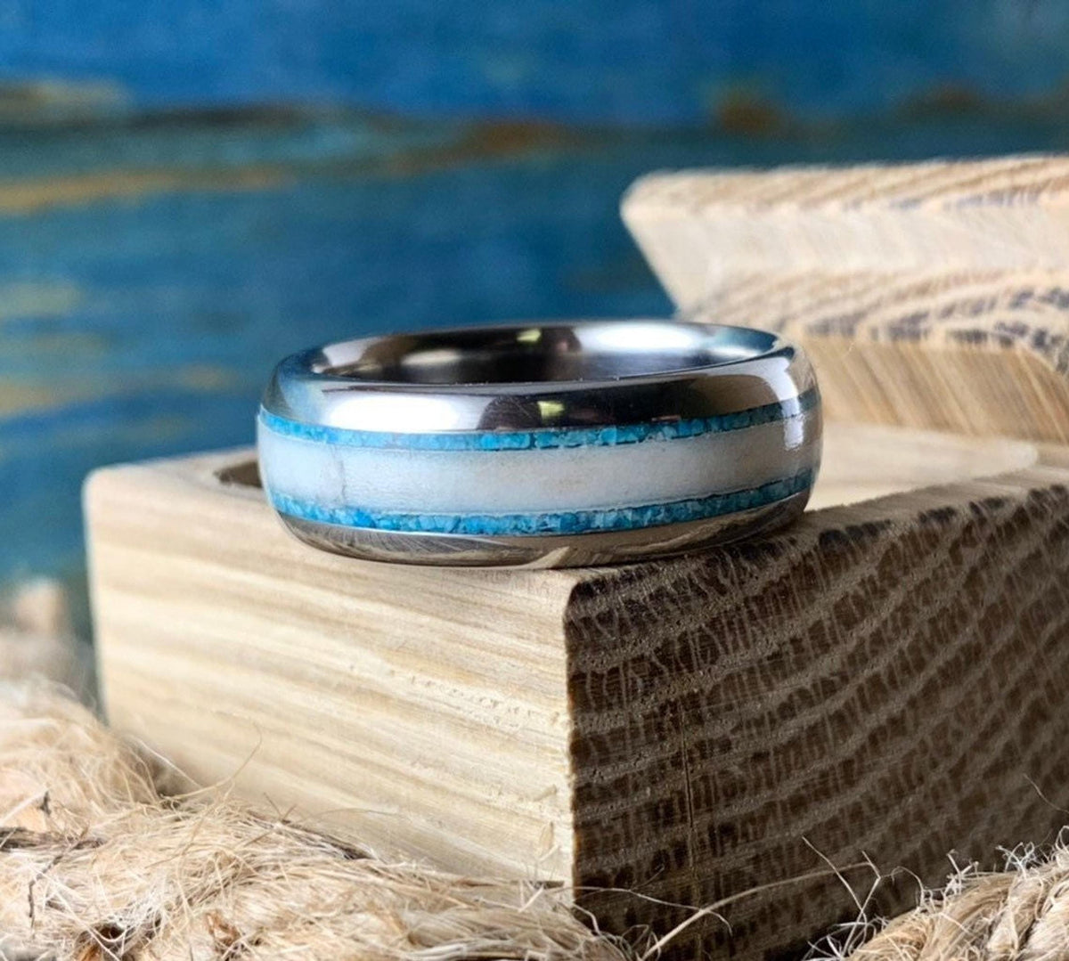Deer Antler Ring with Turquoise Inlay - Men's Titanium Wedding Band