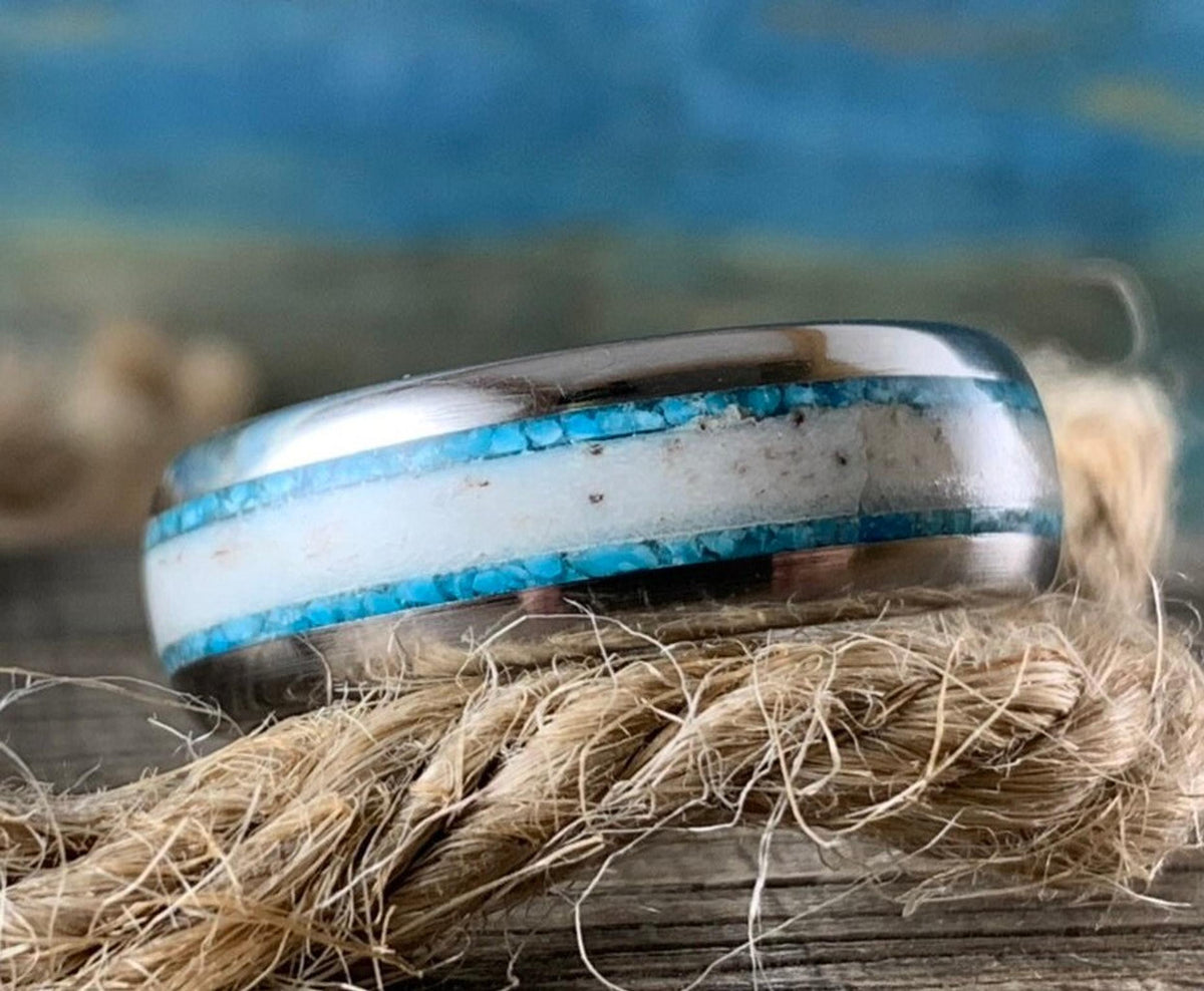 Deer Antler Ring with Turquoise Inlay - Men's Titanium Wedding Band