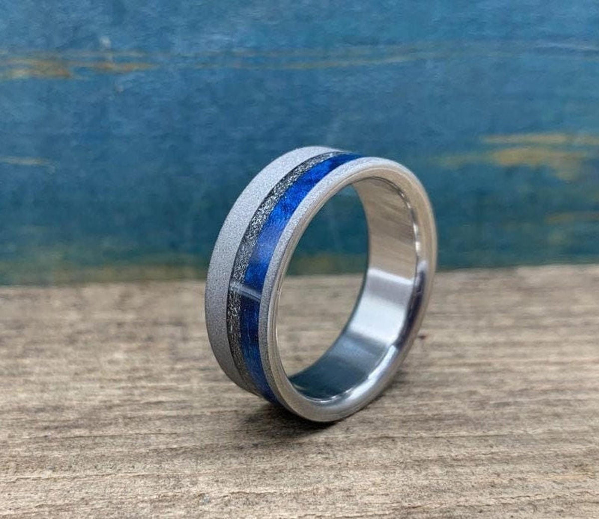 Mens Wedding Band, Titanium Ring with Meteorite and Blue Wood Inlays