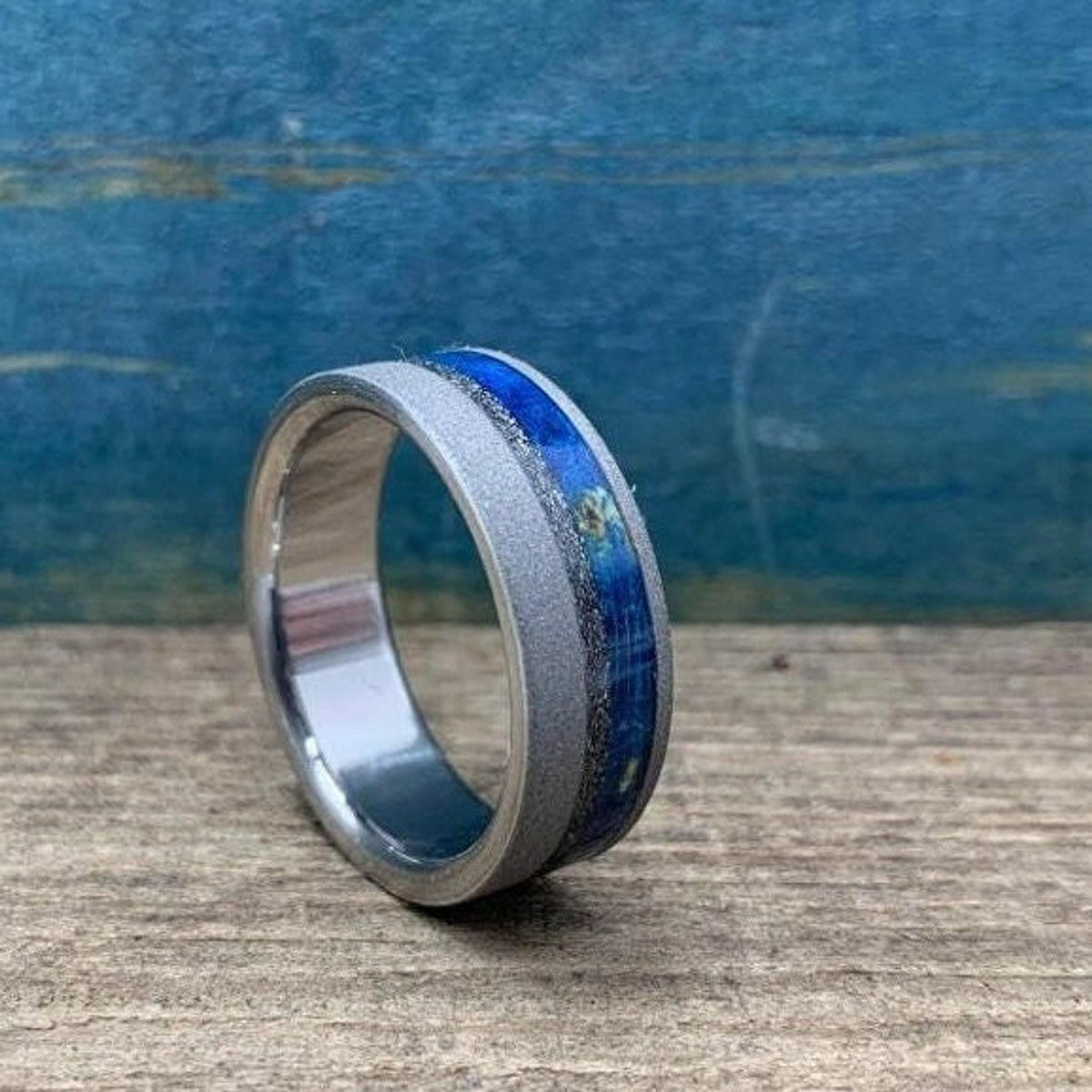 Mens Wedding Band, Titanium Ring with Meteorite and Blue Wood Inlays