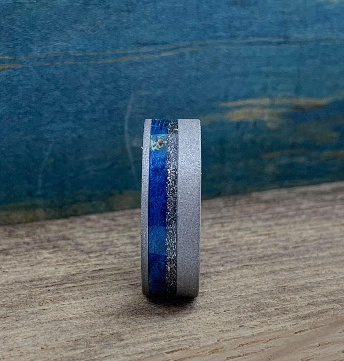 Mens Wedding Band, Titanium Ring with Meteorite and Blue Wood Inlays