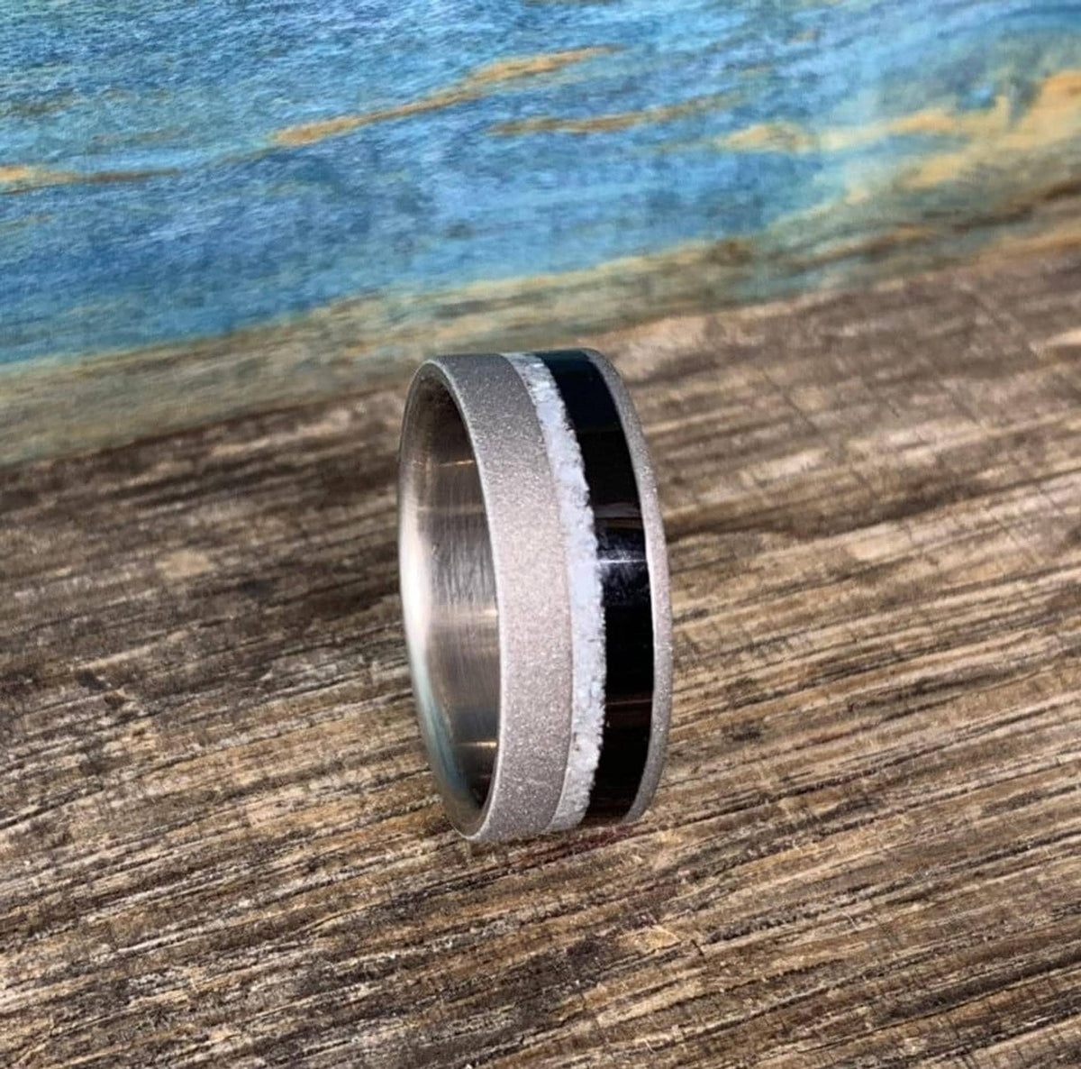 Men's Wedding Band - Ebony Wood and Titanium Ring with Mother of Pearl, Engraved