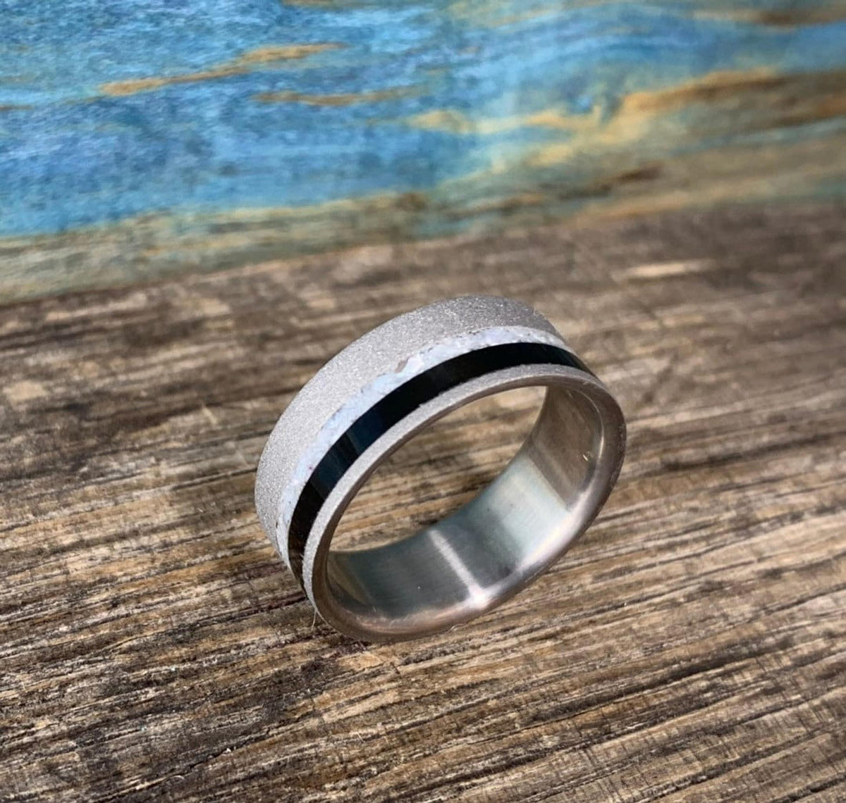 Men's Wedding Band - Ebony Wood and Titanium Ring with Mother of Pearl, Engraved