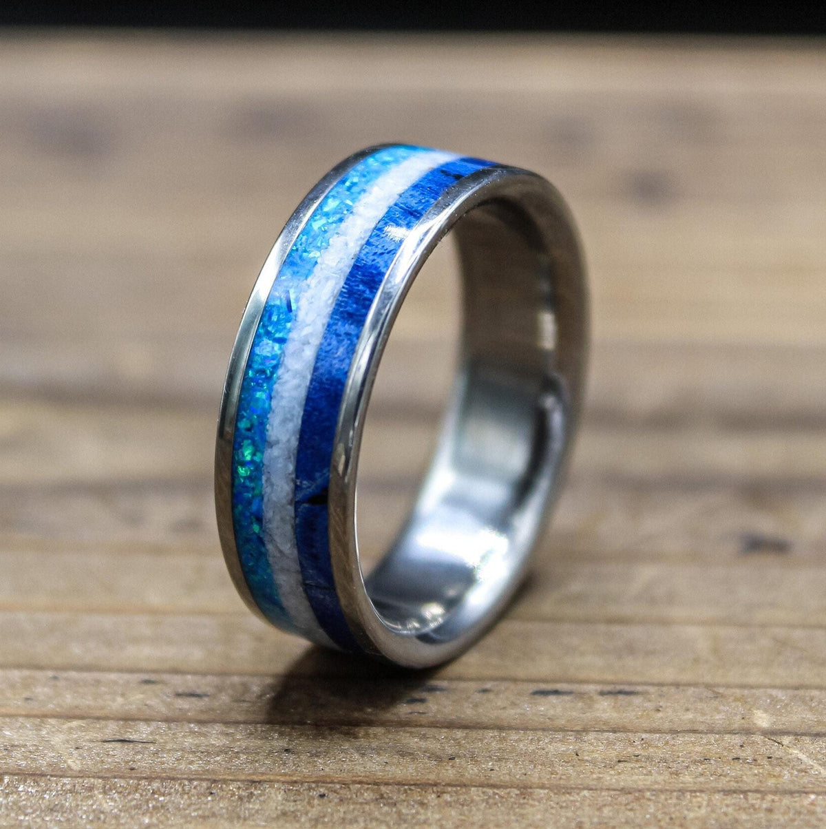 Men's Wedding Band in Titanium with Blue Wood and Opal Inlay