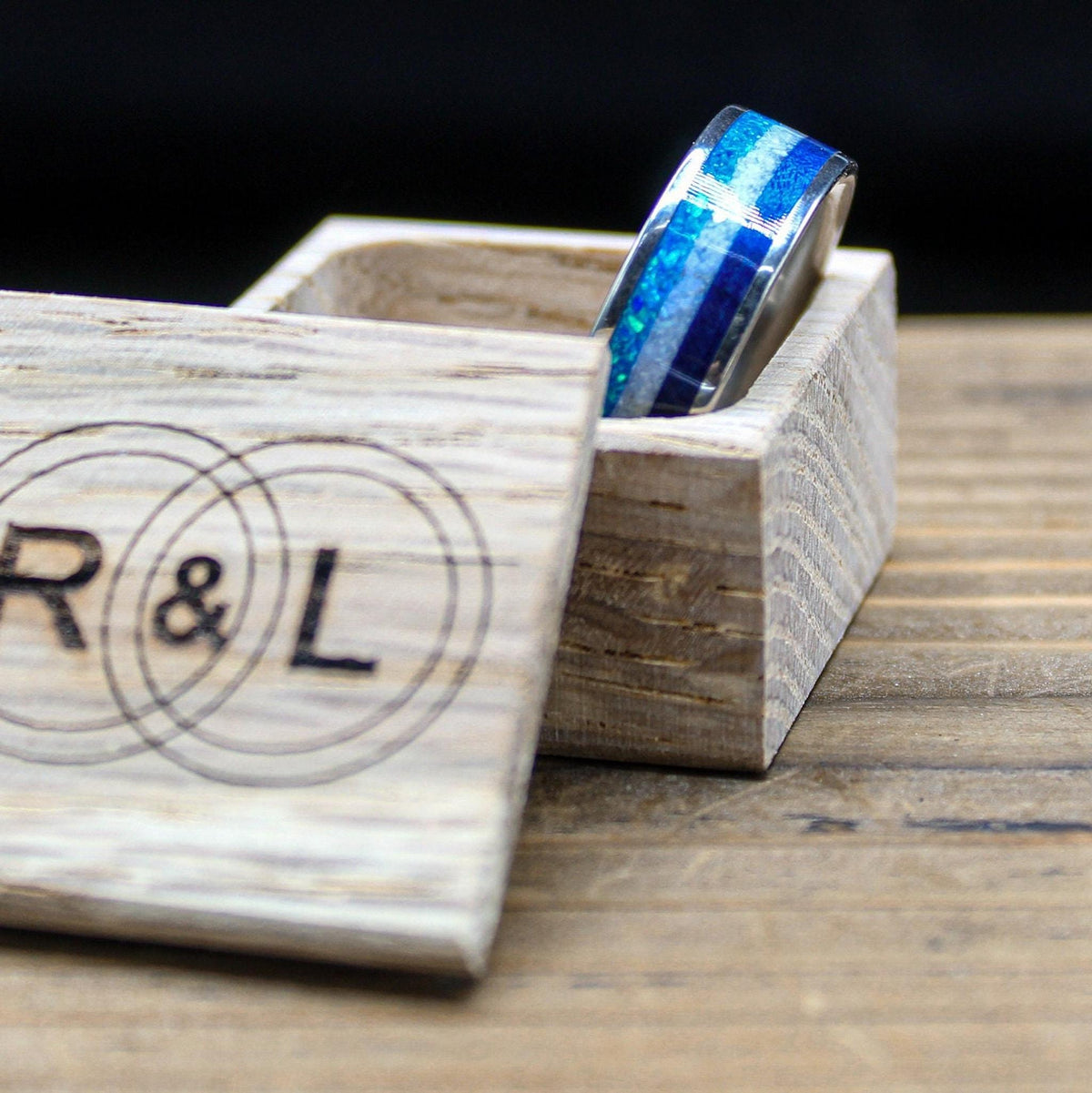 Men's Wedding Band in Titanium with Blue Wood and Opal Inlay