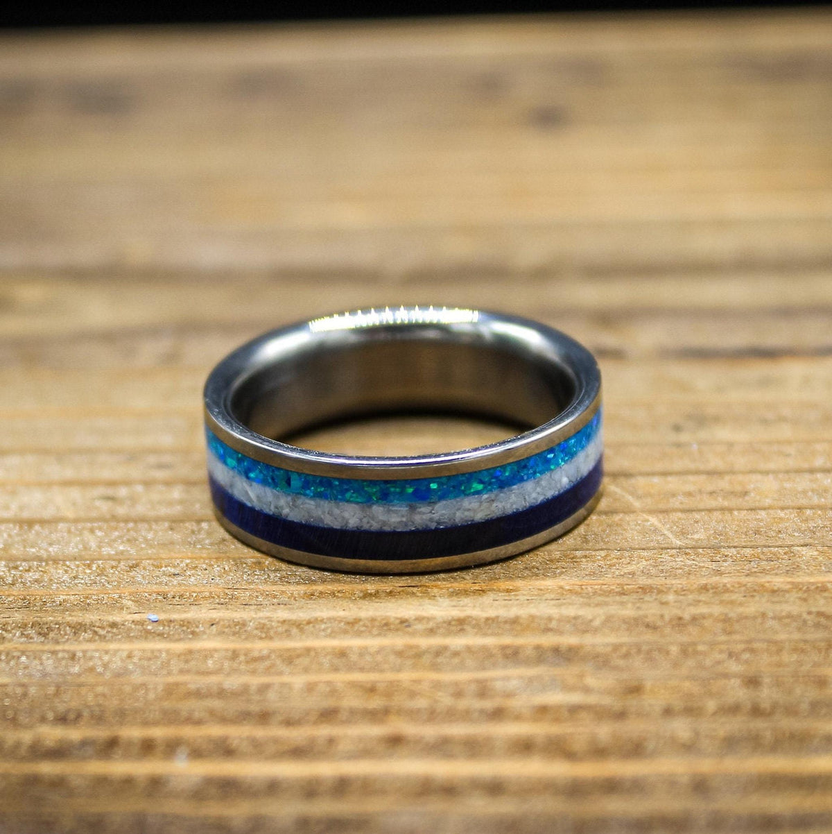 Men's Wedding Band in Titanium with Blue Wood and Opal Inlay