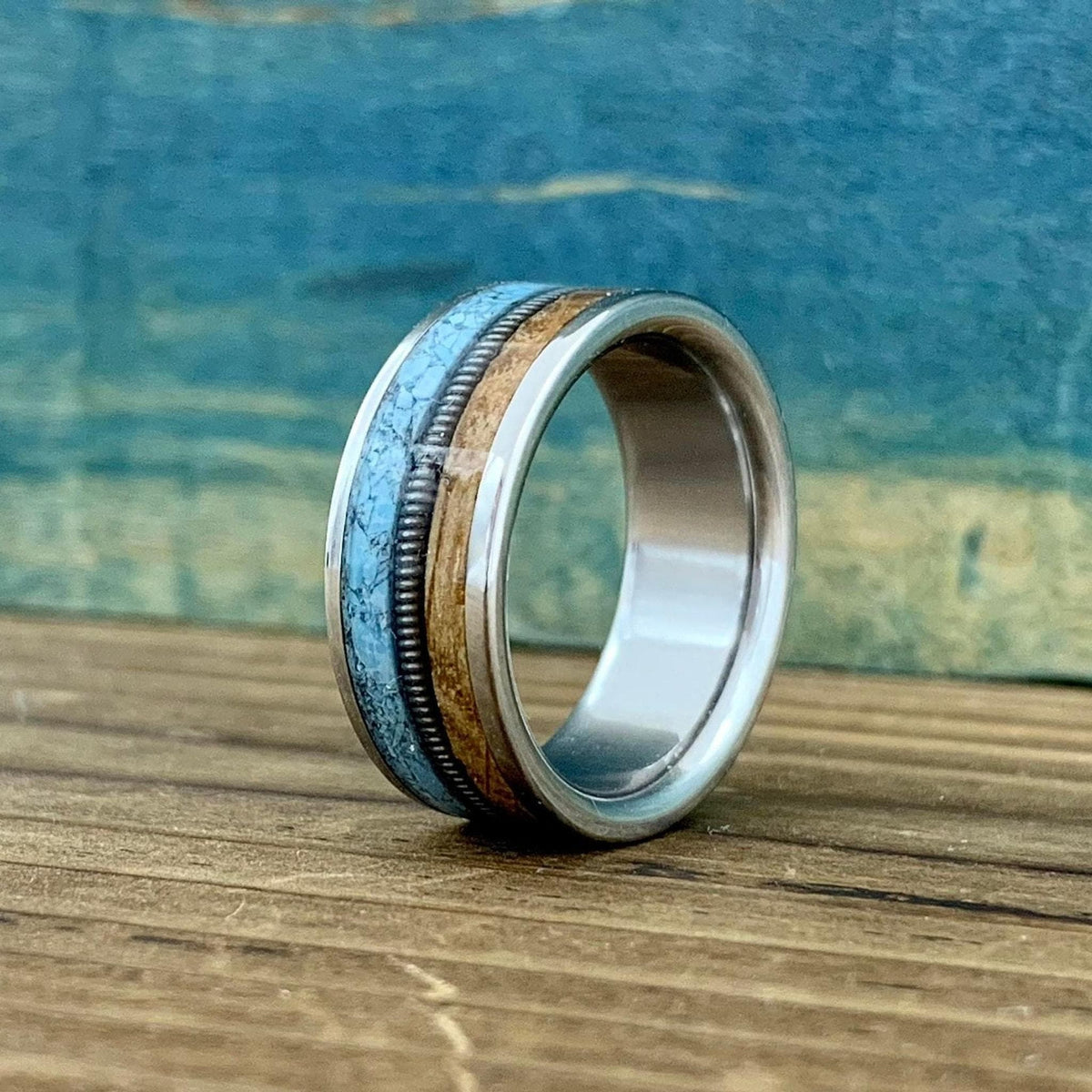 Western Wedding Ring -Titanium Band with Turquoise and Whiskey Barrel - Engraved