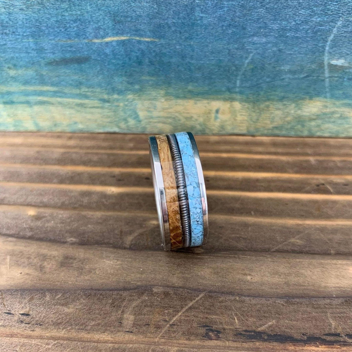 Western Wedding Ring -Titanium Band with Turquoise and Whiskey Barrel - Engraved