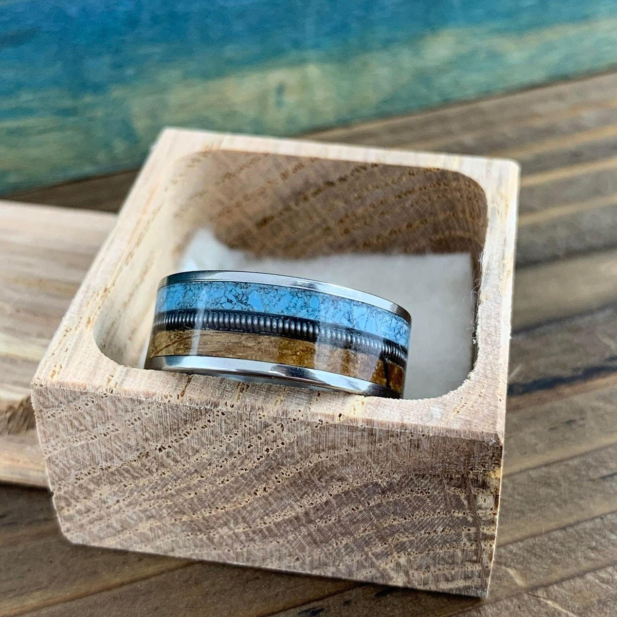 Western Wedding Ring -Titanium Band with Turquoise and Whiskey Barrel - Engraved