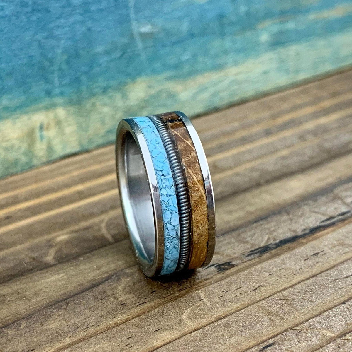 Western Wedding Ring -Titanium Band with Turquoise and Whiskey Barrel - Engraved