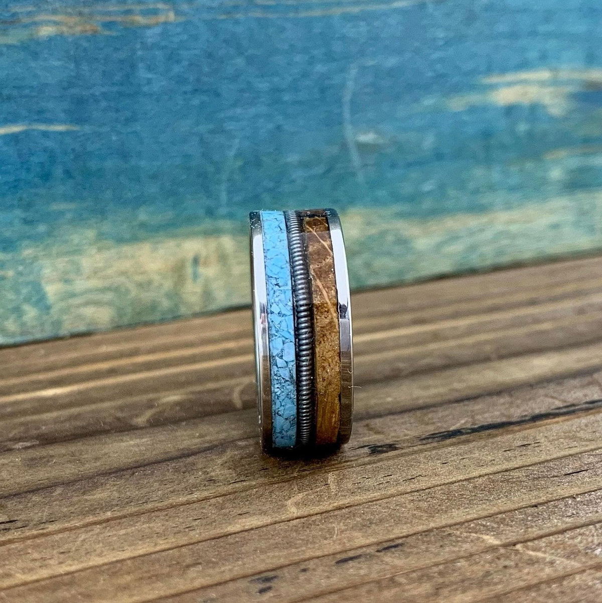 Western Wedding Ring -Titanium Band with Turquoise and Whiskey Barrel - Engraved