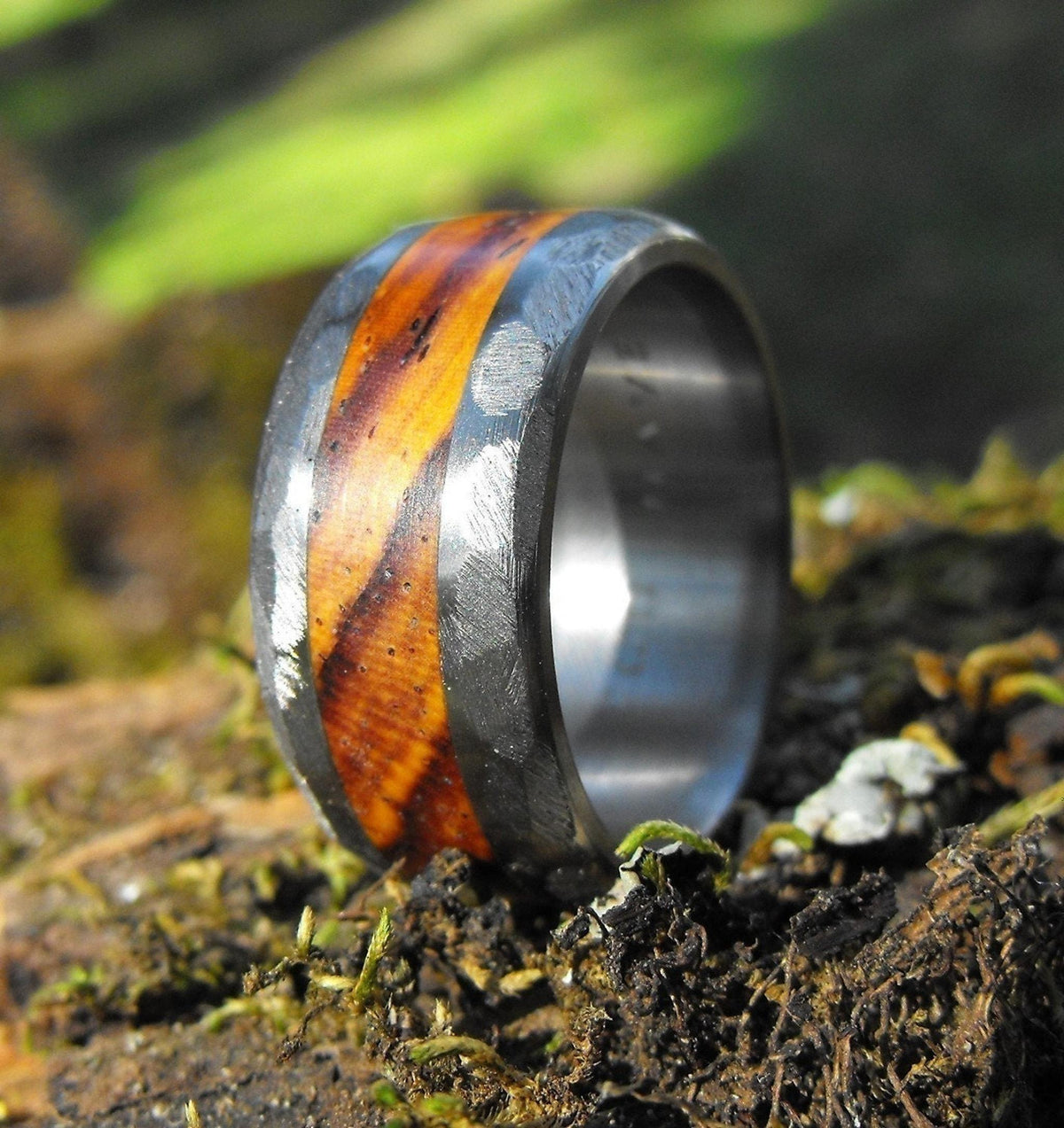 A close-up, angled view of a silver-colored ring with a wide, reddish-brown wood inlay, resting on dark mossy ground with green foliage in the background.