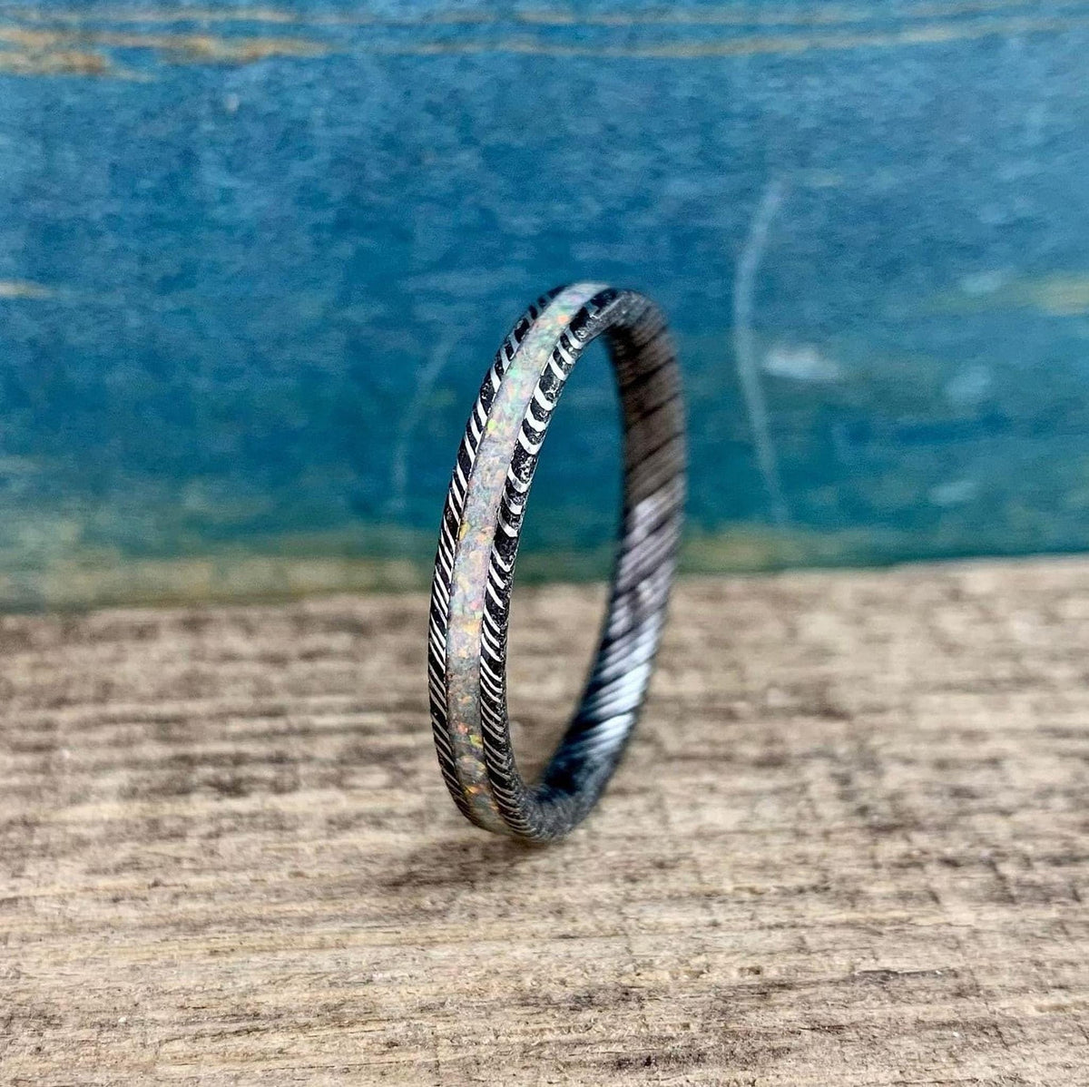 Opal Wedding Band in Damascus Steel - Dainty 3mm Engagement Ring