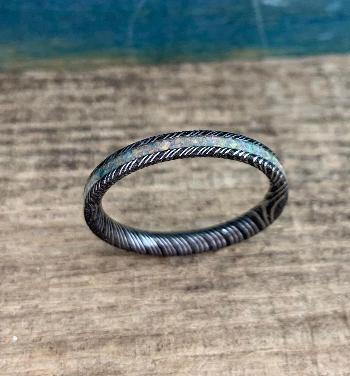 Opal Wedding Band in Damascus Steel - Dainty 3mm Engagement Ring