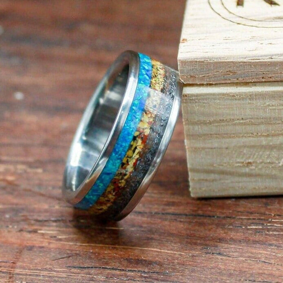 Meteorite Ring Mens with Dinosaur Bone and Blue Opal - Titanium Wedding Band - Engraved