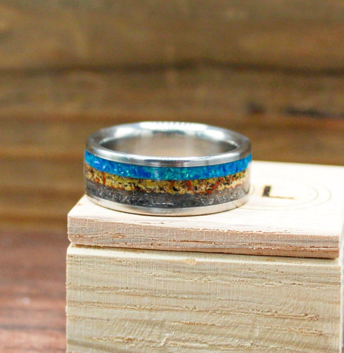 mens meteorite ring with dinosaur bone and opal. opal engagement ring. dinosaur bone ring. titanium ring for men