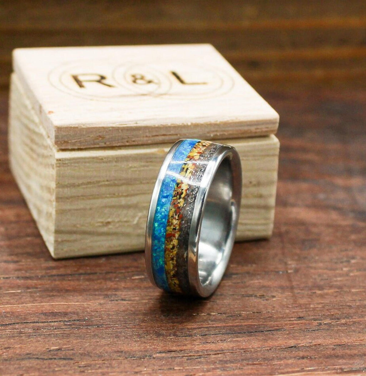 mens meteorite ring with dinosaur bone and opal. opal engagement ring. dinosaur bone ring. titanium ring for men