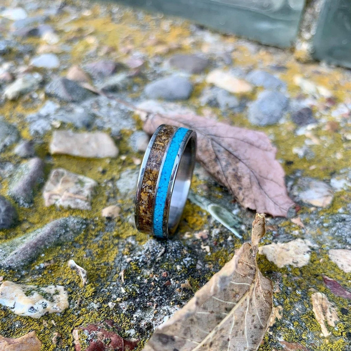Men's Wedding Band, Titanium Ring with Tigers Eye and Turquoise Inlay