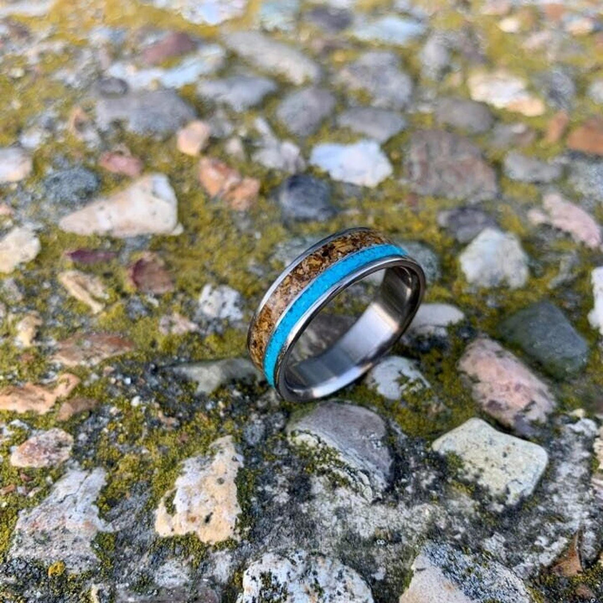 Men's Wedding Band, Titanium Ring with Tigers Eye and Turquoise Inlay
