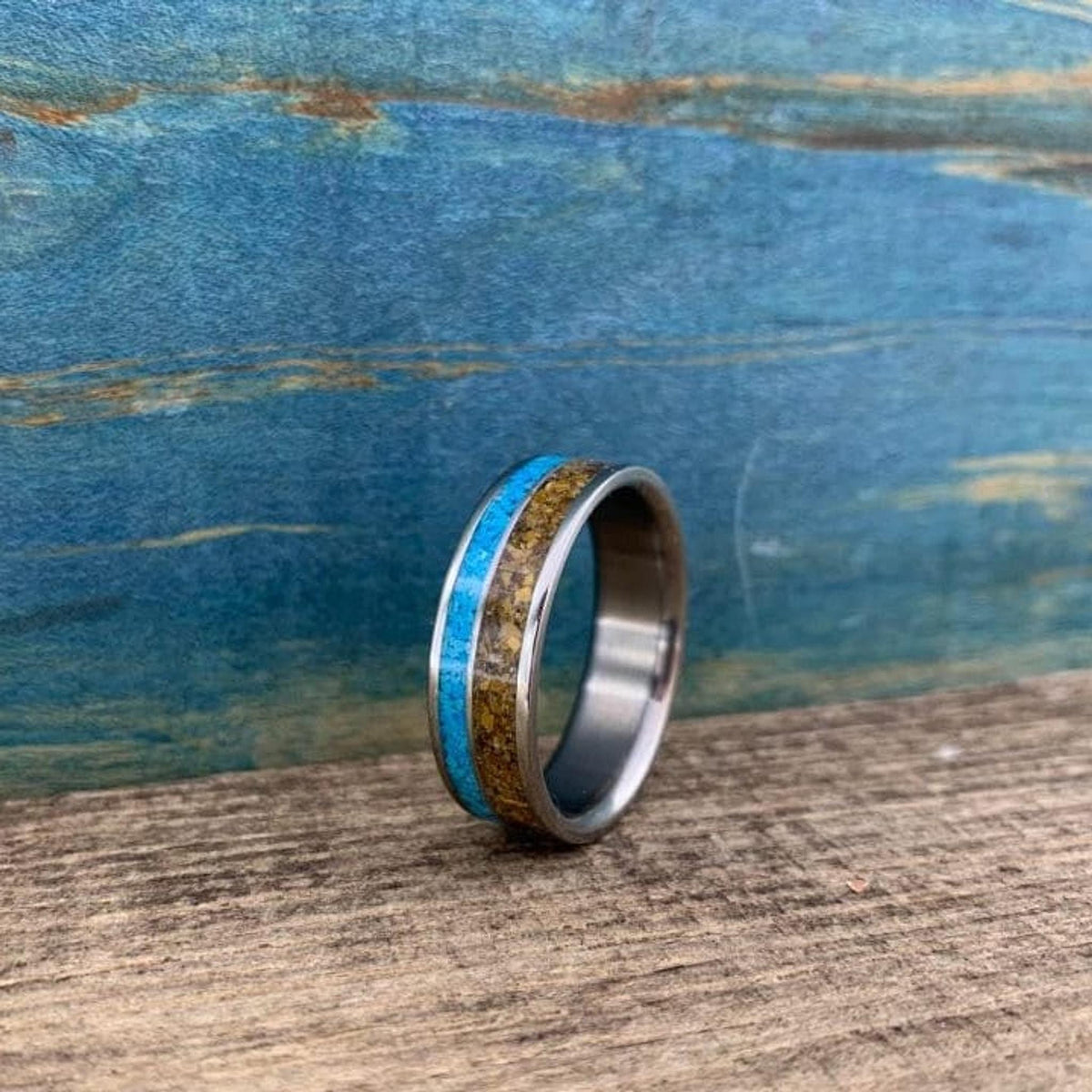 Men's Wedding Band, Titanium Ring with Tigers Eye and Turquoise Inlay